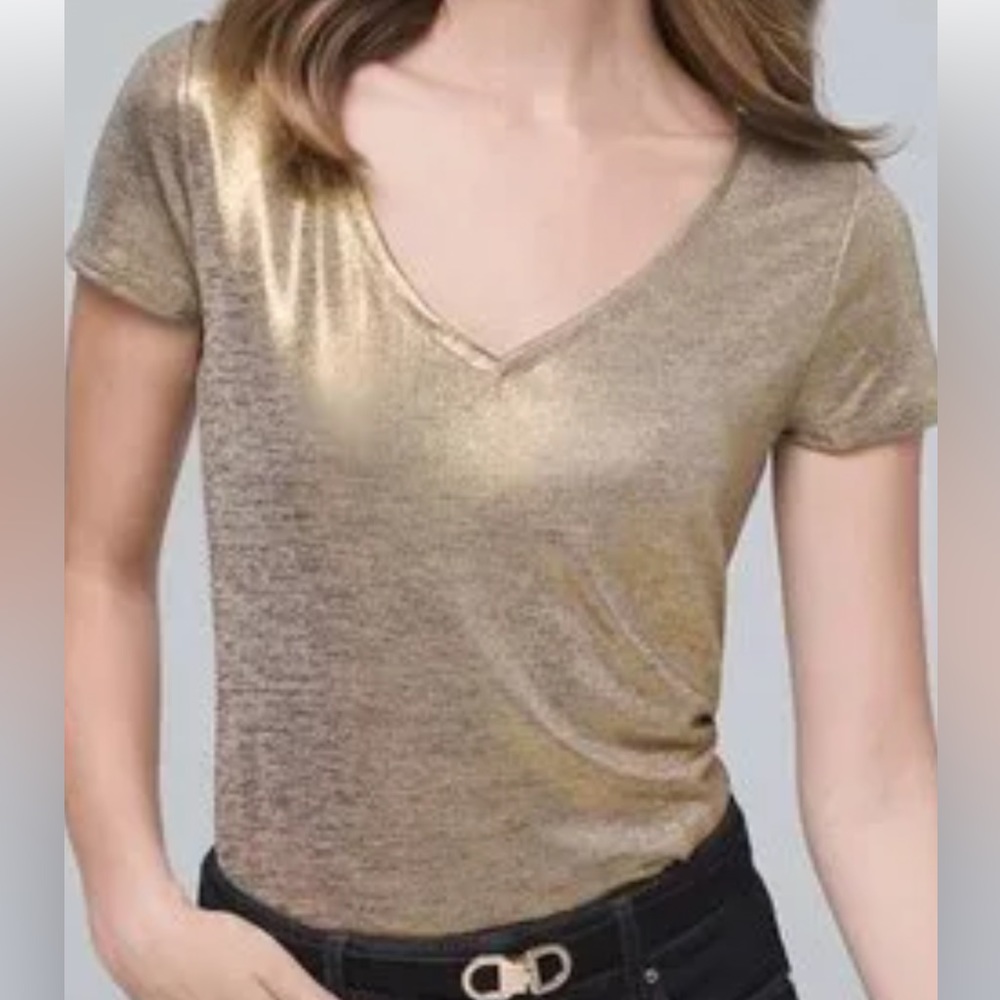 WHITE HOUSE BLACK MARKET Gold Metallic Jersey V-Neck Tee sz S NEW Women's Casual